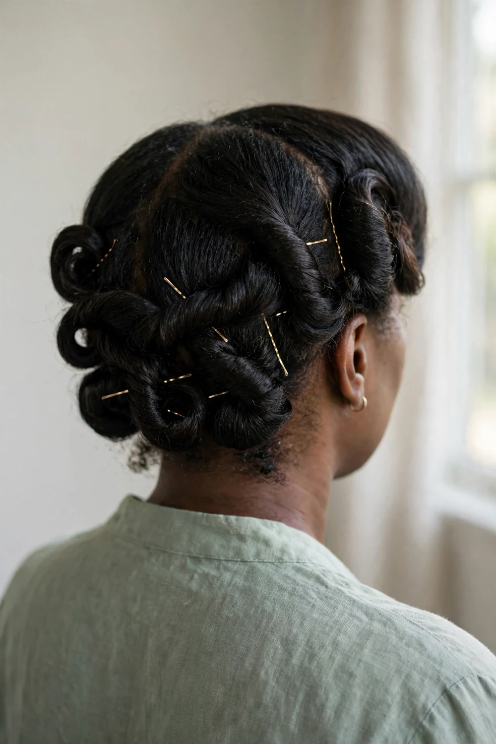 Twisted sections pinned with gold bobby pins on a chin length black bob