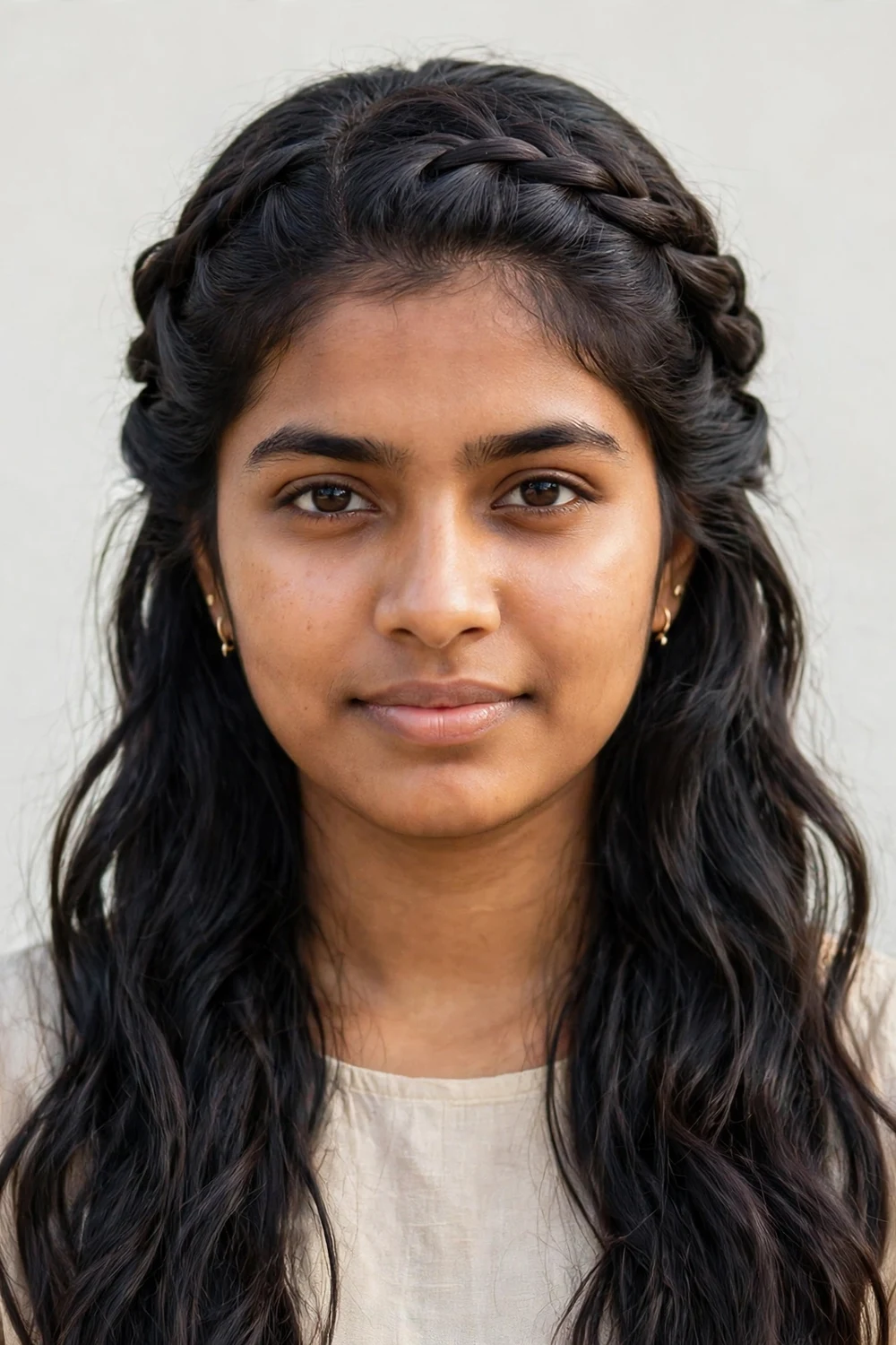 Young South Asian woman with long dark hair in a twisted braid half-updo, braid across the crown with cascading strands flowing down