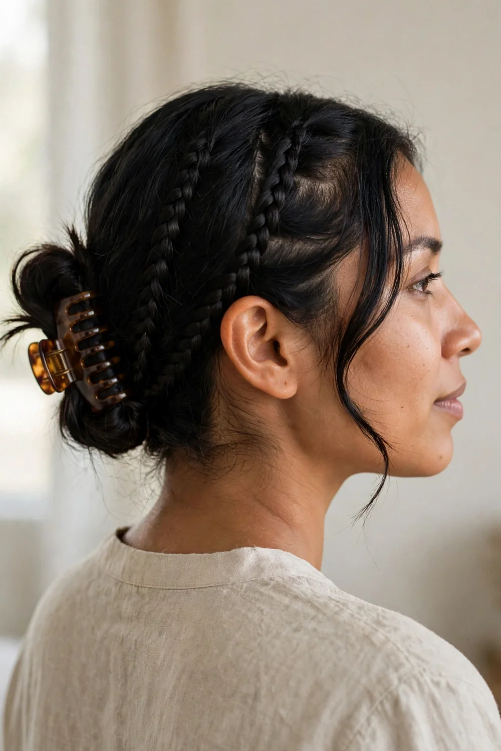 Woman with black medium-length hair in two side braids feeding into a claw clip bun