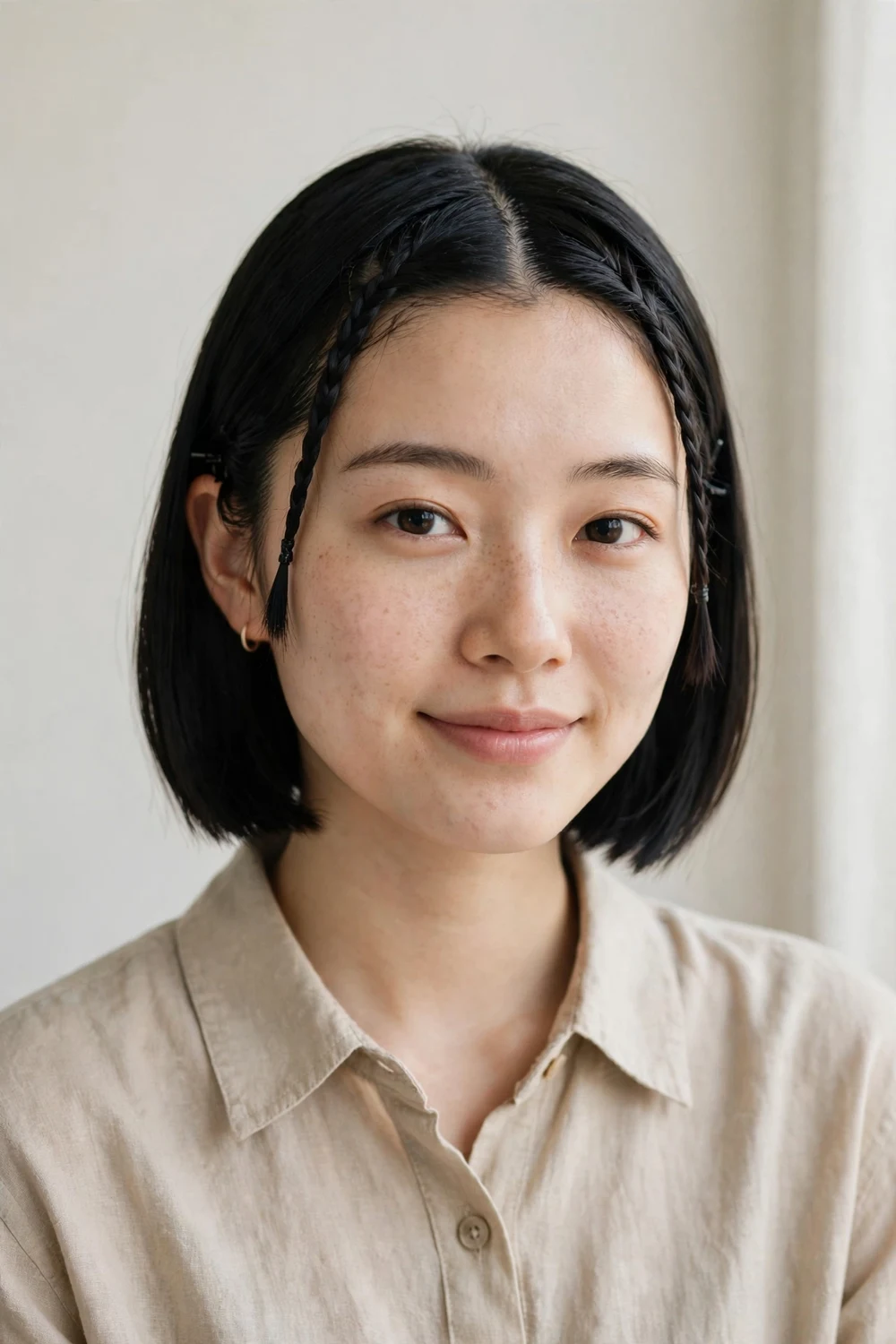 East Asian woman in her twenties with a straight black bob and two thin front braids