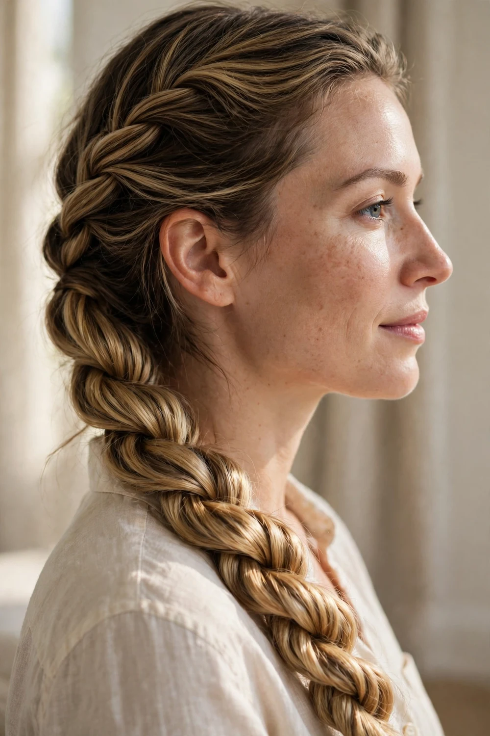 Two-strand rope twist braid draped over one shoulder