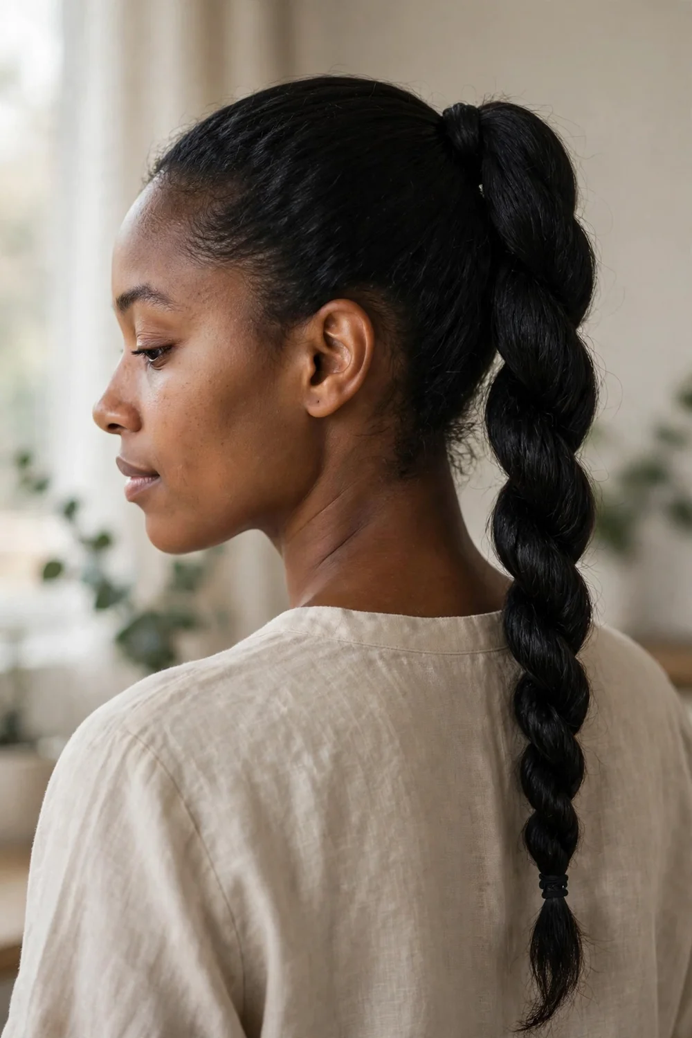 Woman with black medium-length hair in a two-strand twist
