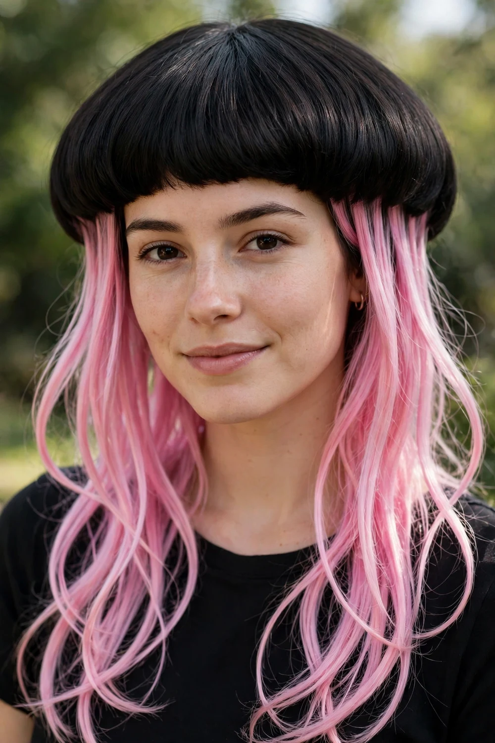 Woman with a two-tone jellyfish haircut with contrasting top and bottom colors
