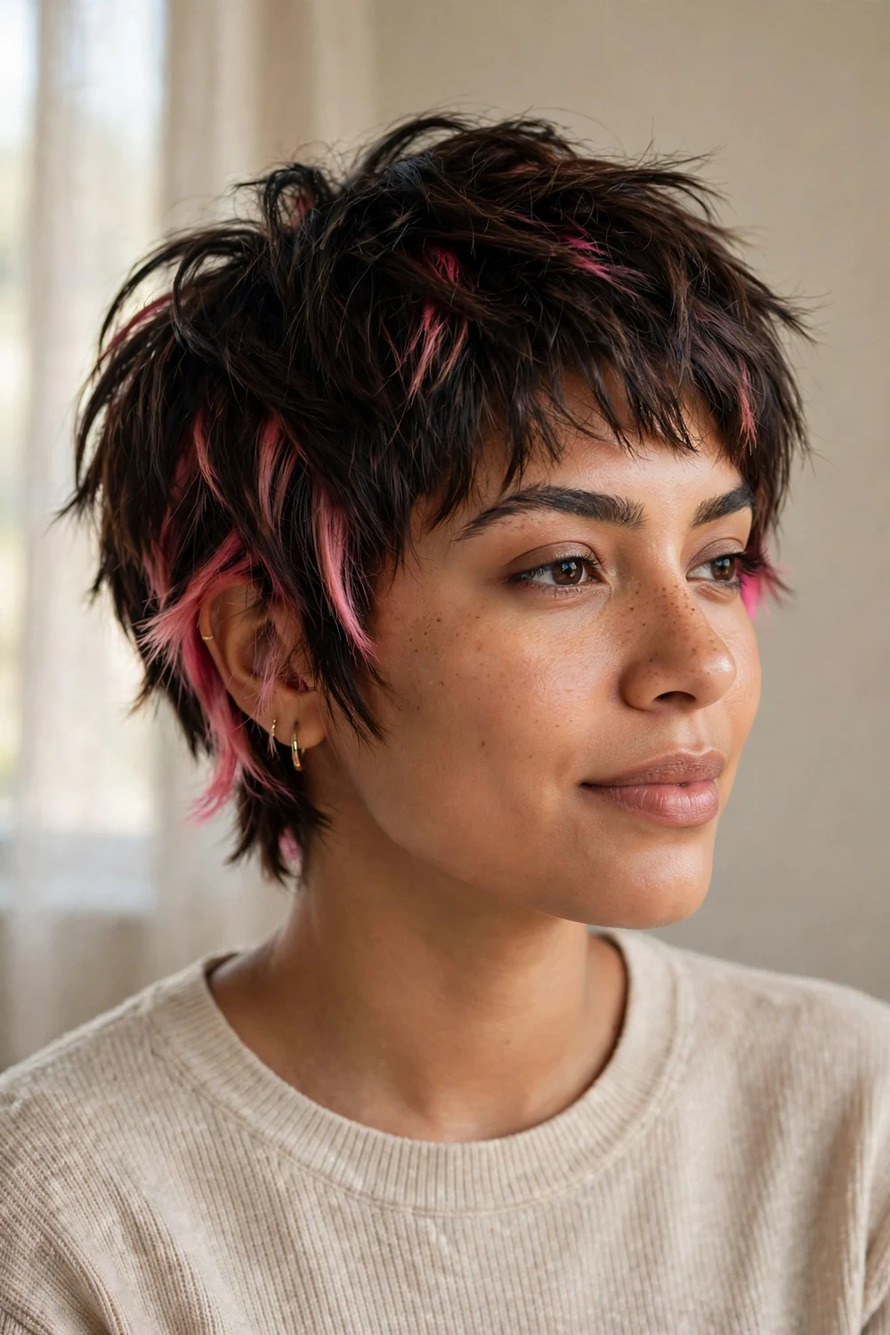 Two-tone choppy pixie with hidden pink peekaboo color panel under dark top layers