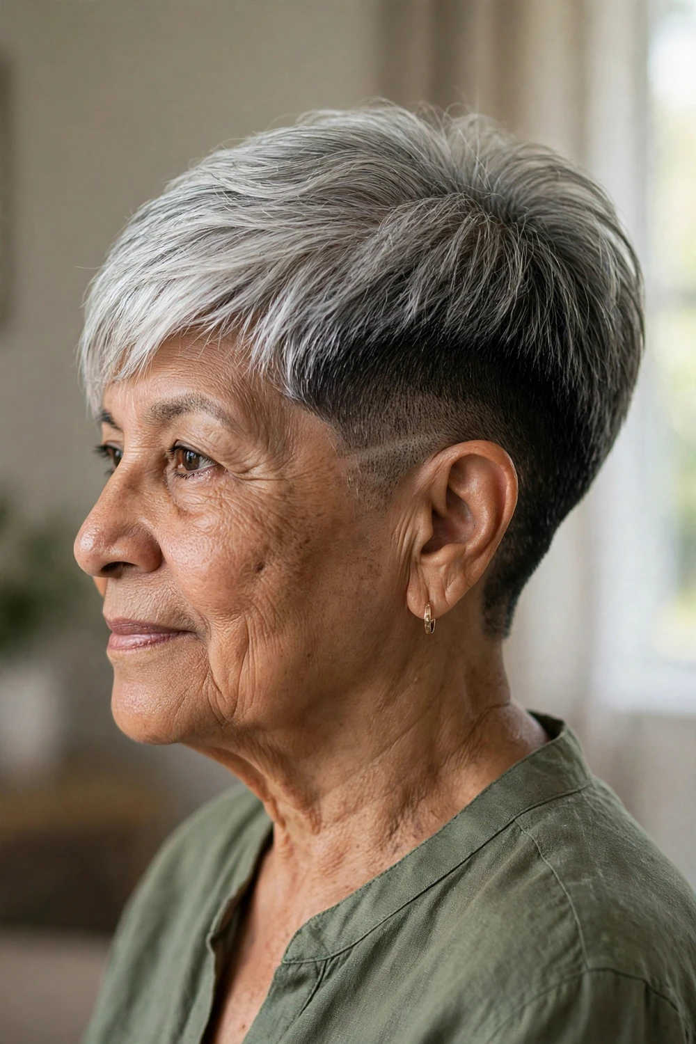 Two-tone pixie undercut with dark sides and silver top