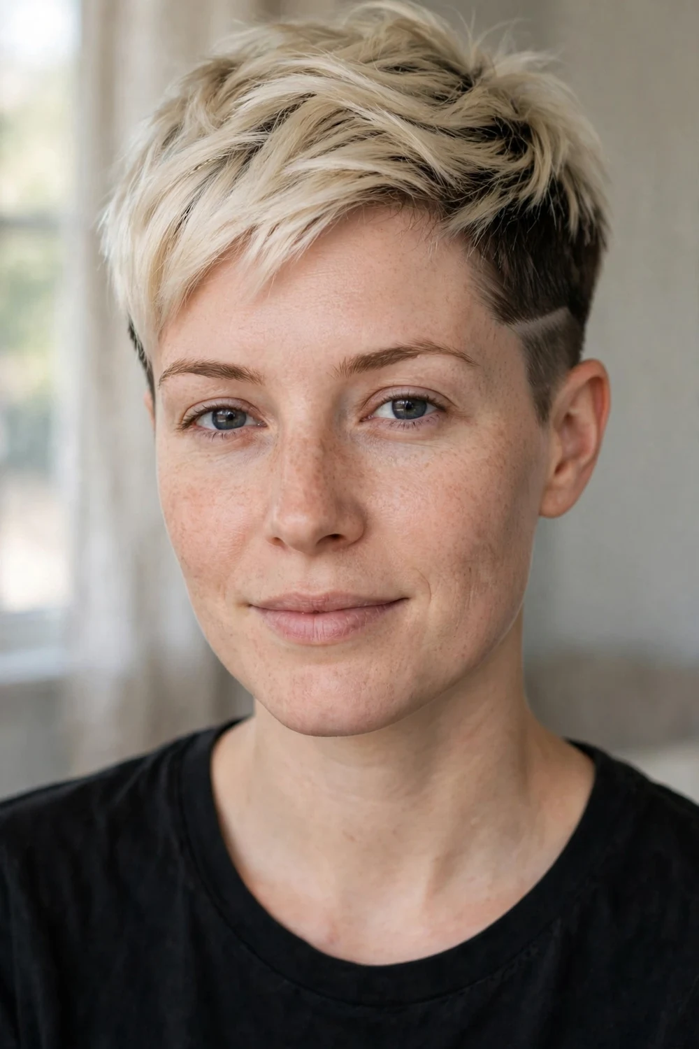 Two-tone pixie with platinum blonde top and darker sides