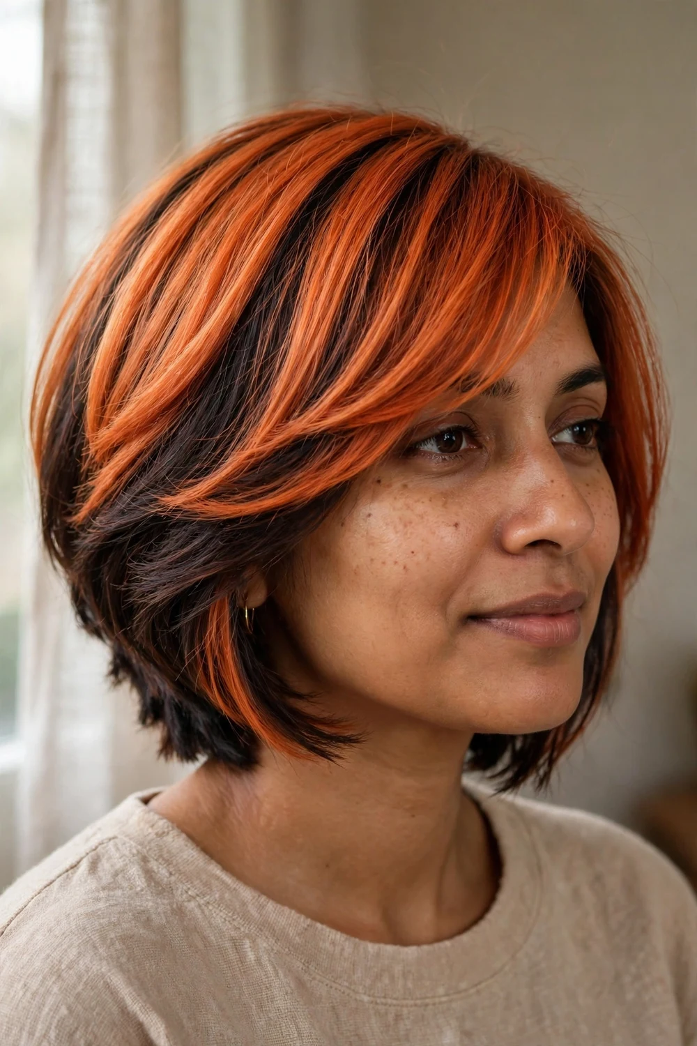 Two-tone stacked bob with bold copper top over a dark underlayer