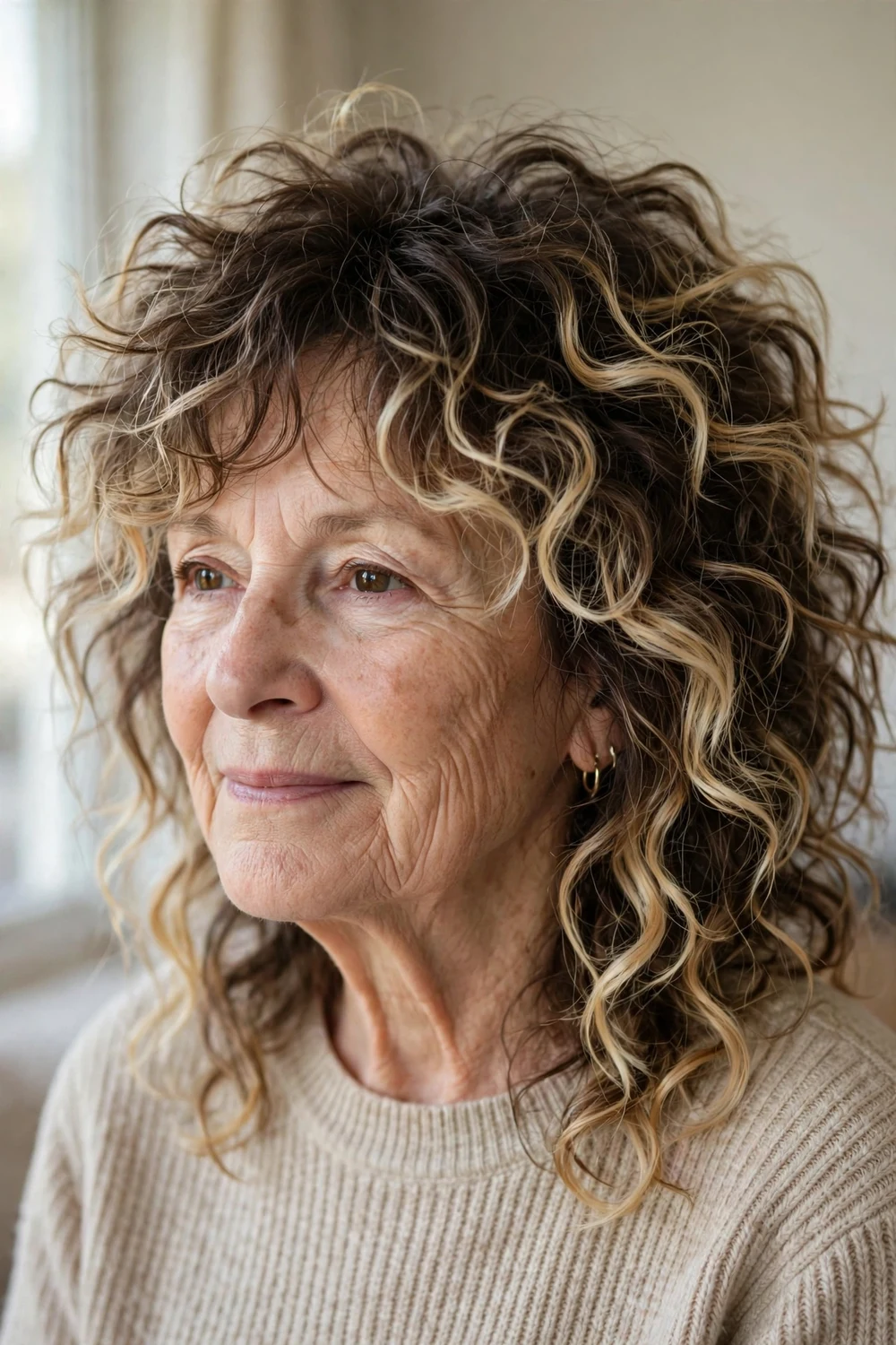 Woman over 60 with a two-toned curly shag