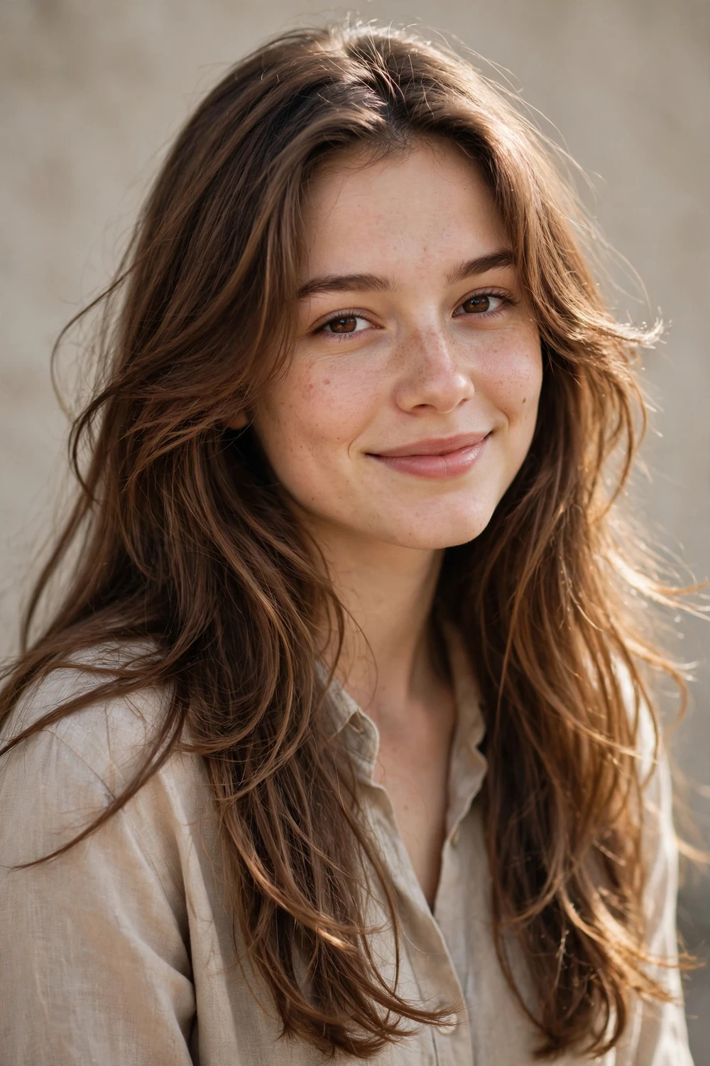 Woman with long light brown hair with wispy U-shaped layers, back view showing soft ends