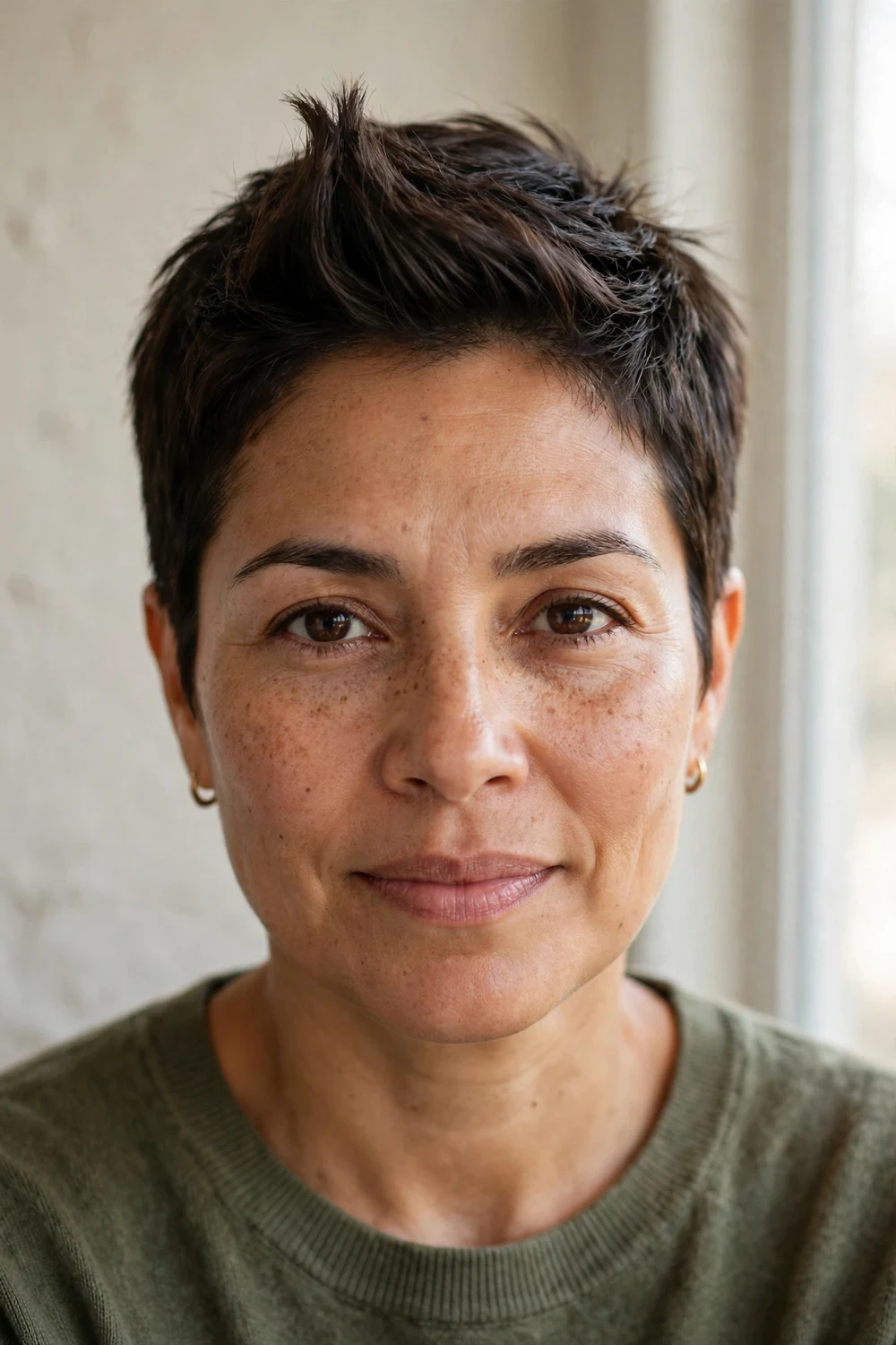Ultra-short pixie with a short quiff that lengthens the face