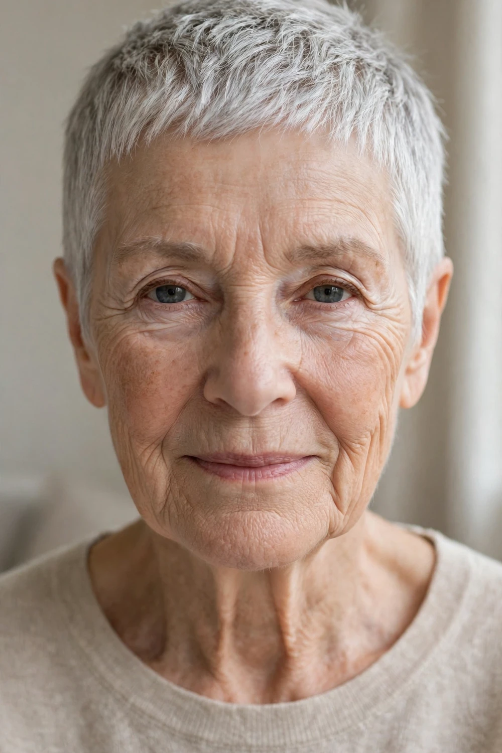 Ultra-short pixie haircut for fine hair on older woman