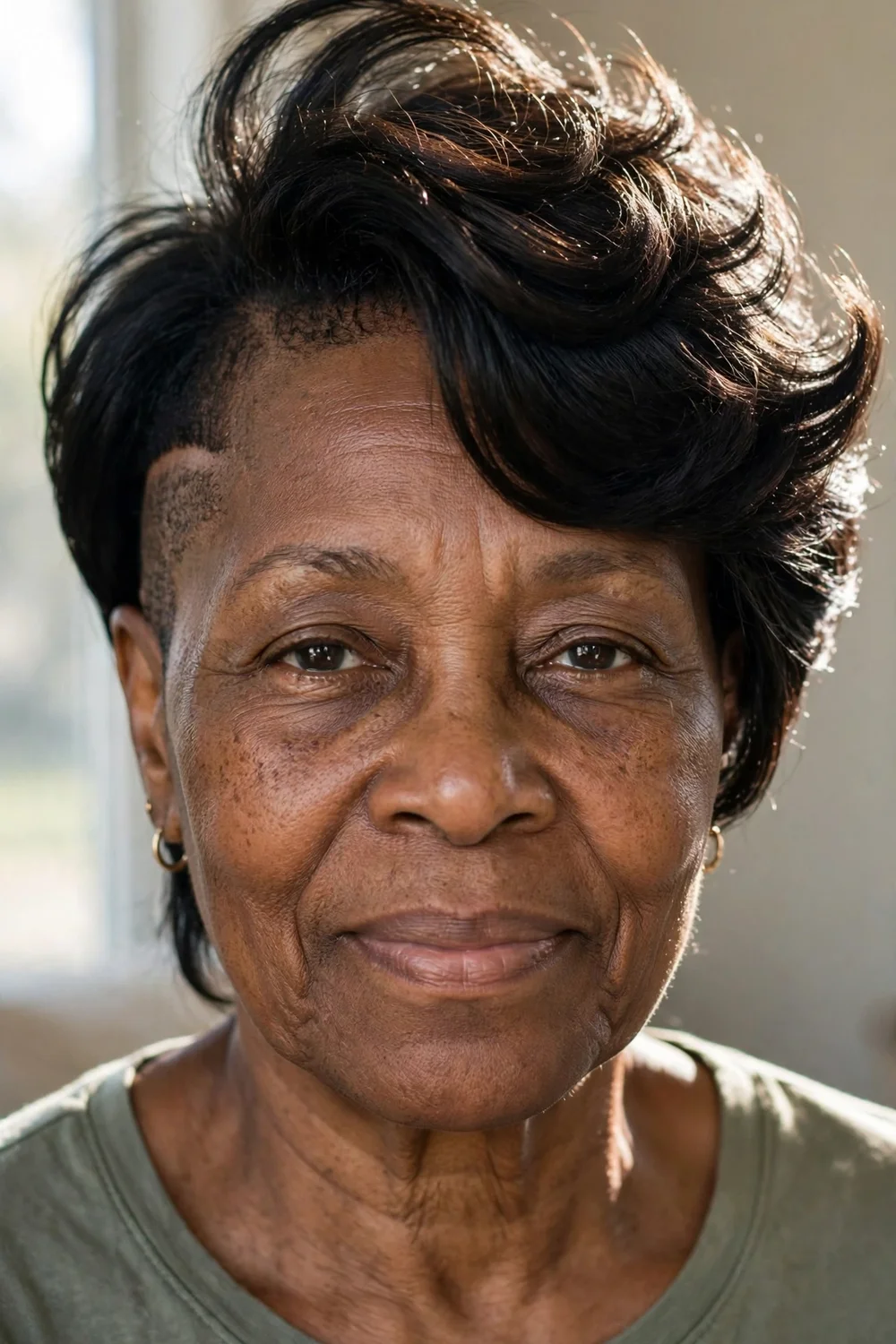 Older Black woman with a flipped voluminous top and shaved undercut