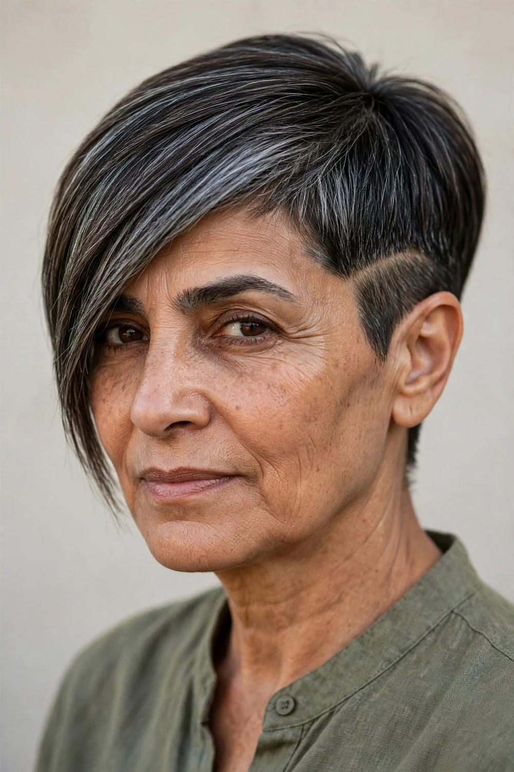Mature woman with a sharp angled undercut pixie, longer front pieces framing the face