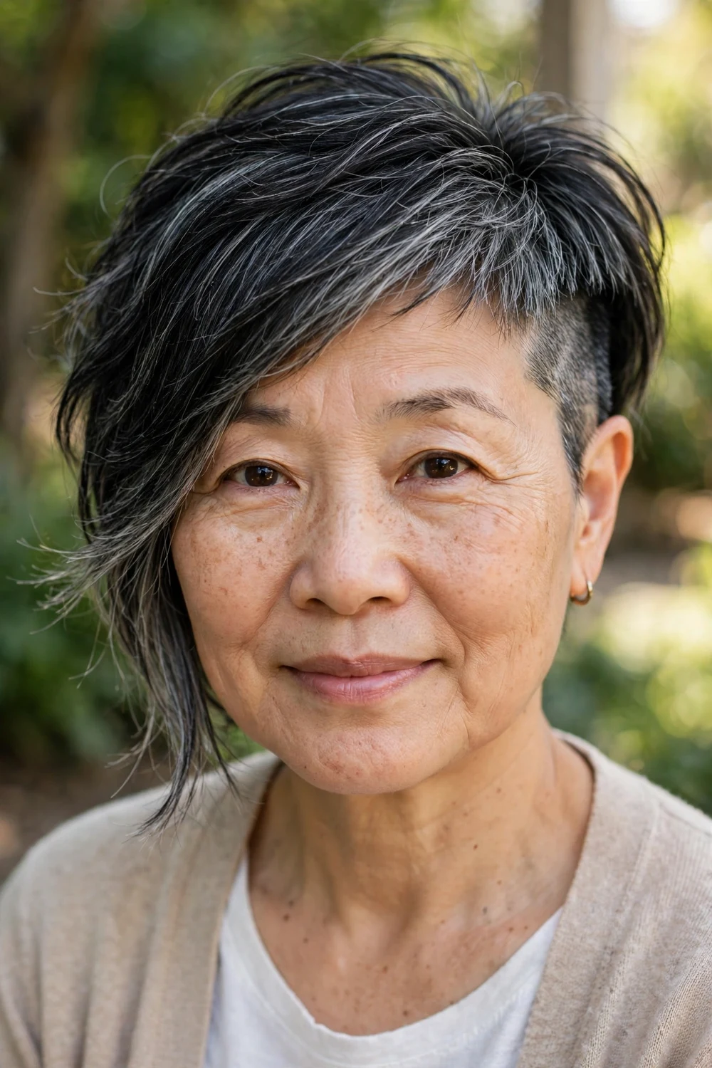Older East Asian woman in her 50s with an asymmetrical undercut pixie, one side longer