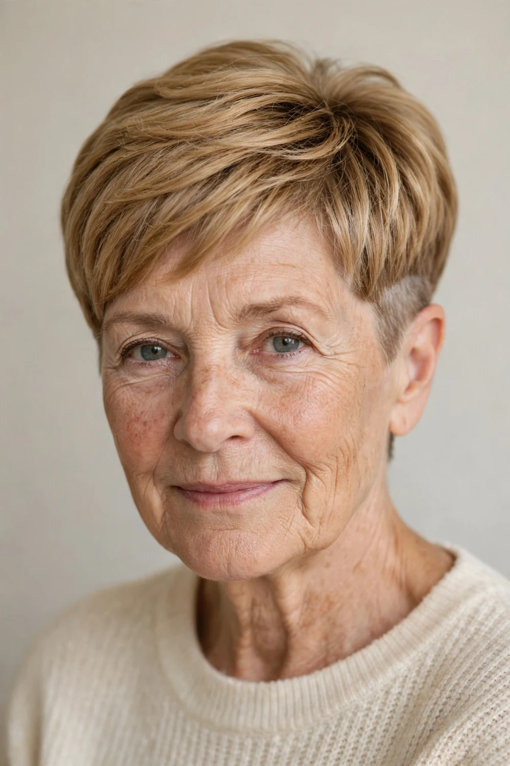 Older woman in her early 60s with a blonde undercut pixie and capped rounded layers
