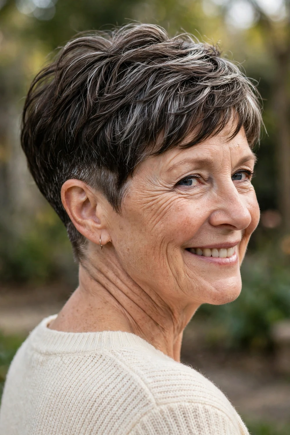 Older woman in her late 50s with a classic nape undercut pixie, dark hair with silver streaks