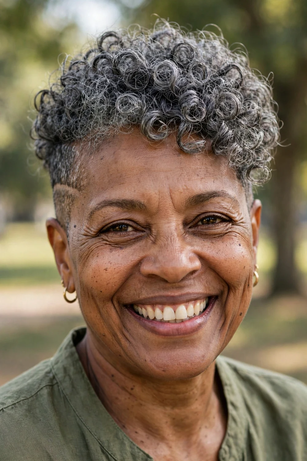 Mature Black woman in her 50s with natural curls on top and clipped undercut sides