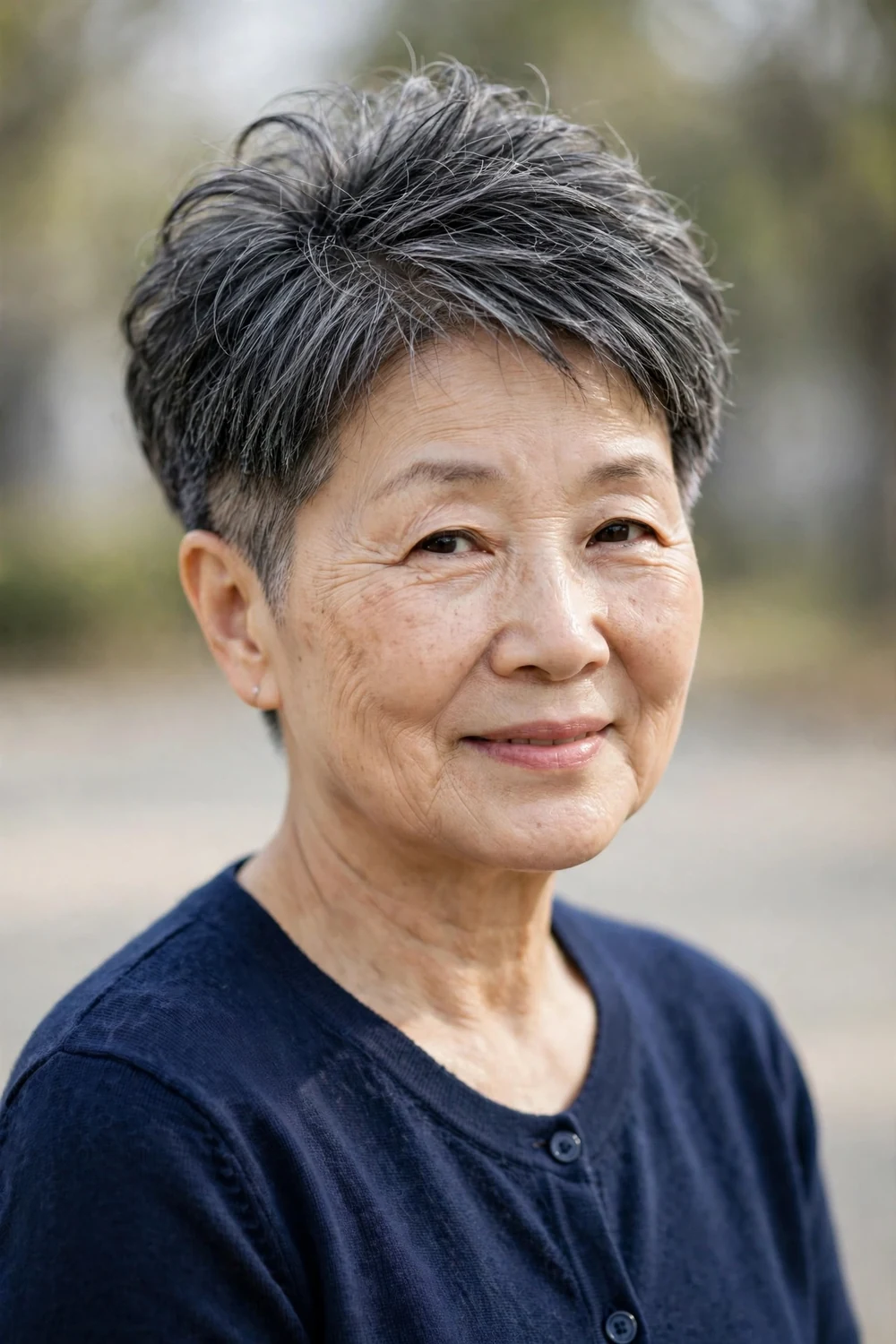 Older East Asian woman in her 60s with fine thin hair in a volumized undercut pixie