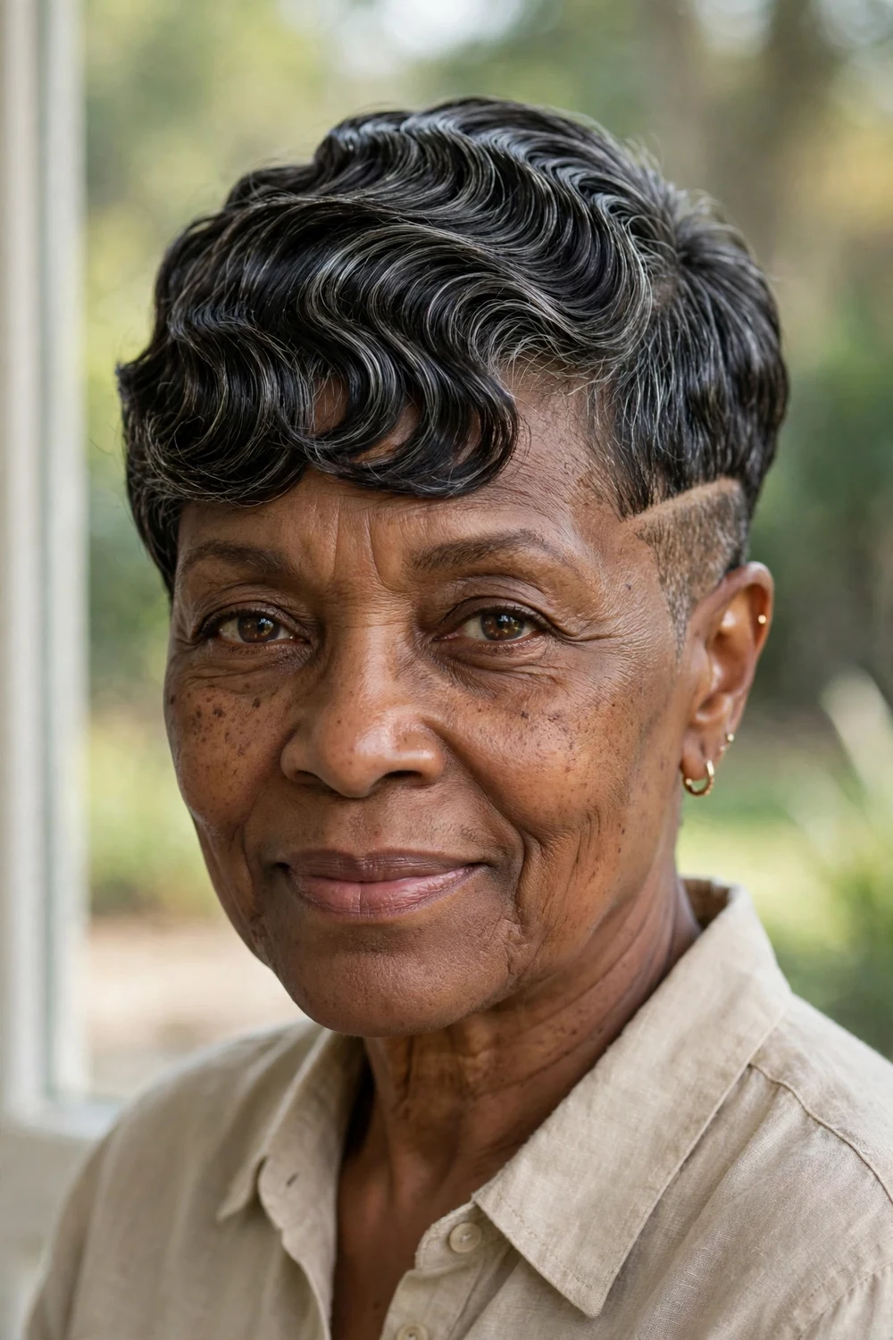 Mature Black woman in her 60s with a finger-wave sculpted undercut pixie and glossy waves