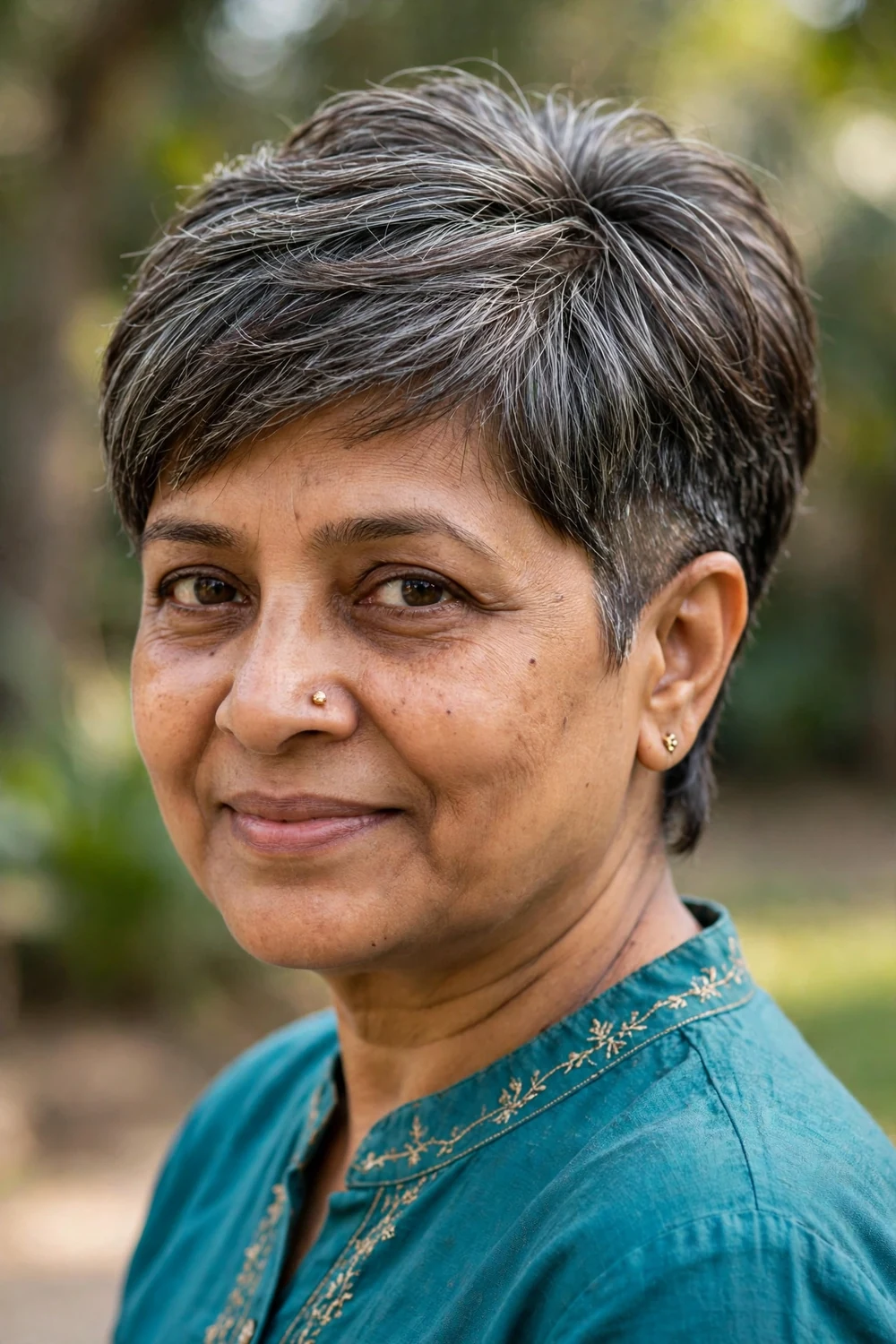 Older South Asian woman in her 50s with a grow-out friendly undercut pixie and blended nape