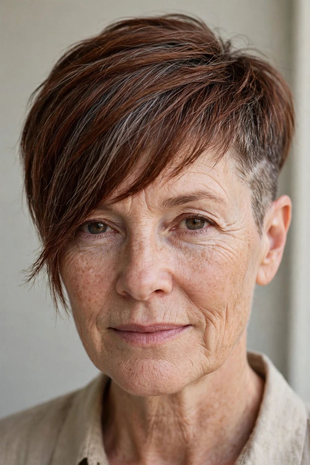Older woman in her early 50s with an undercut pixie and long fringe across the forehead