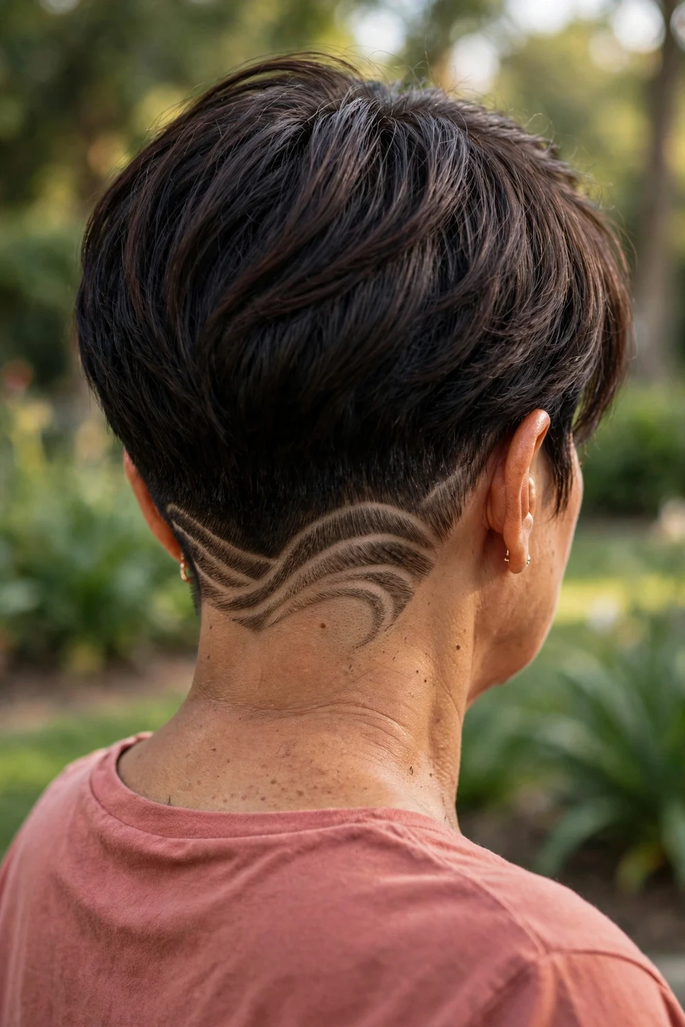 Mature woman in her 50s viewed from behind showing an etched curved-line design on the undercut nape