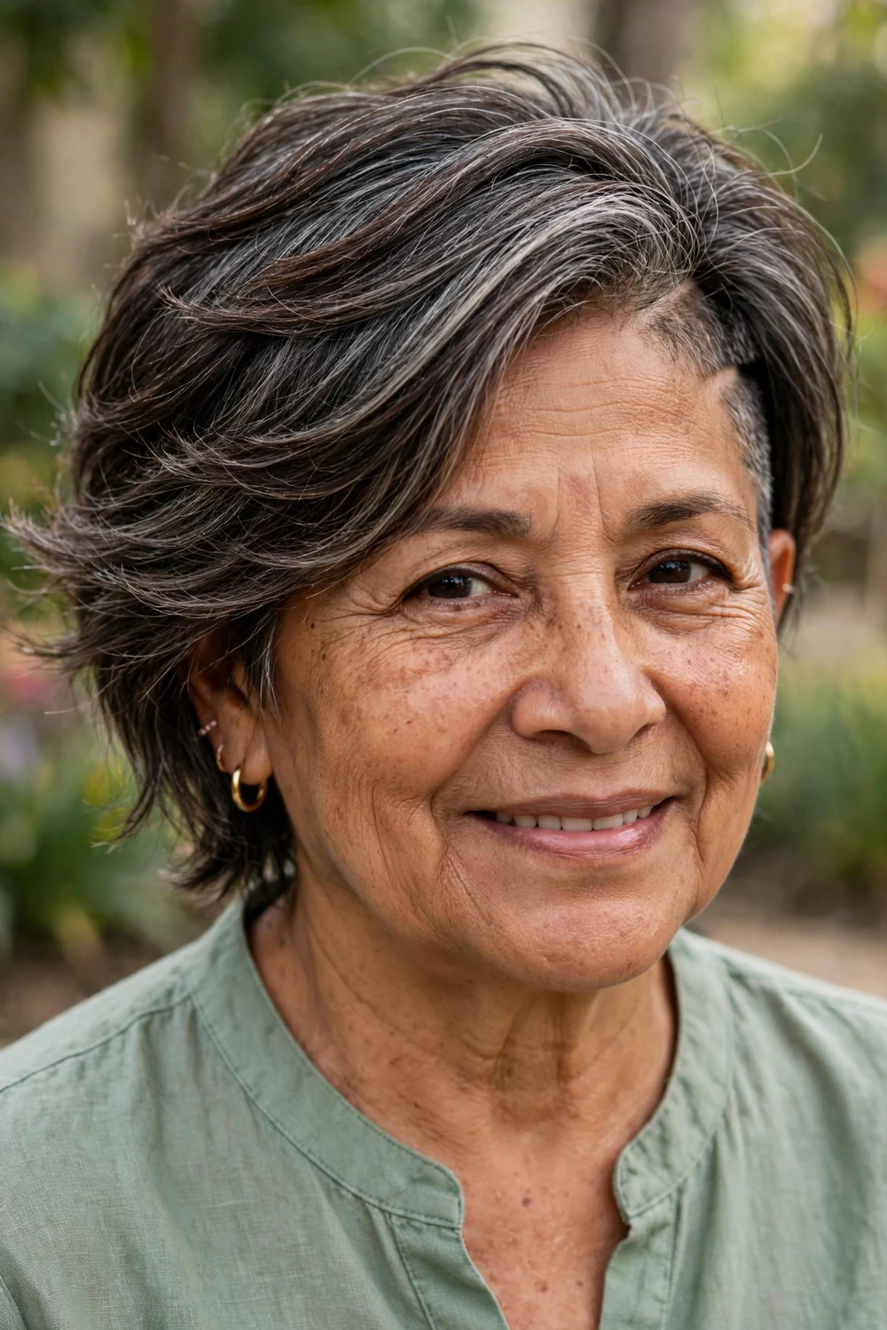 Older Latina woman in her early 60s with a one-side undercut pixie and long sweeping layers