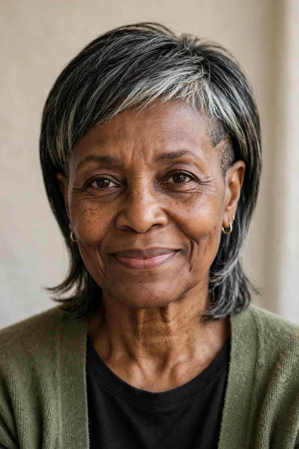 Mature Black woman in her 60s with an undercut pixie bob, longer back length