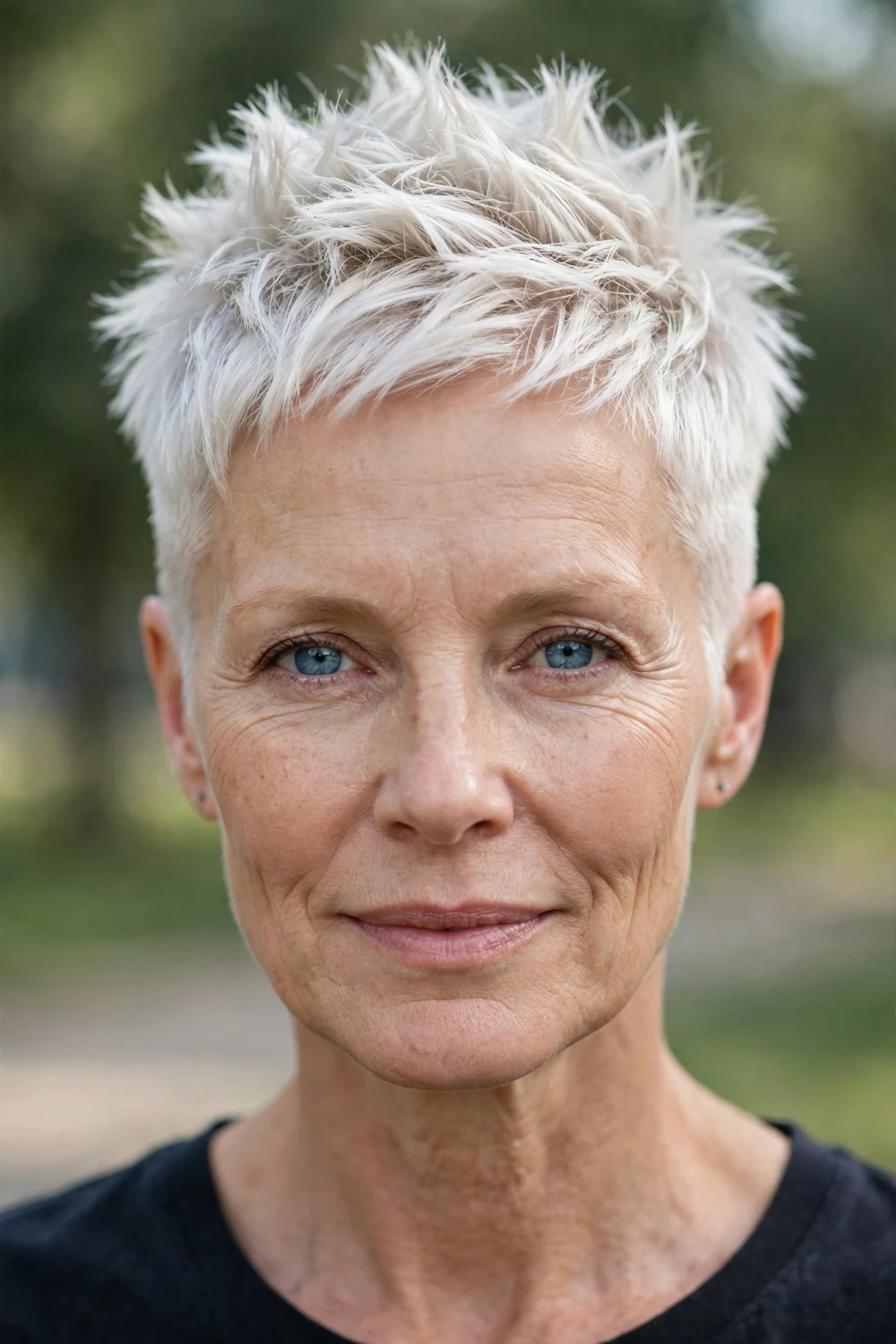 Mature woman in her 50s with a platinum blonde spiky undercut pixie, bold edgy styling