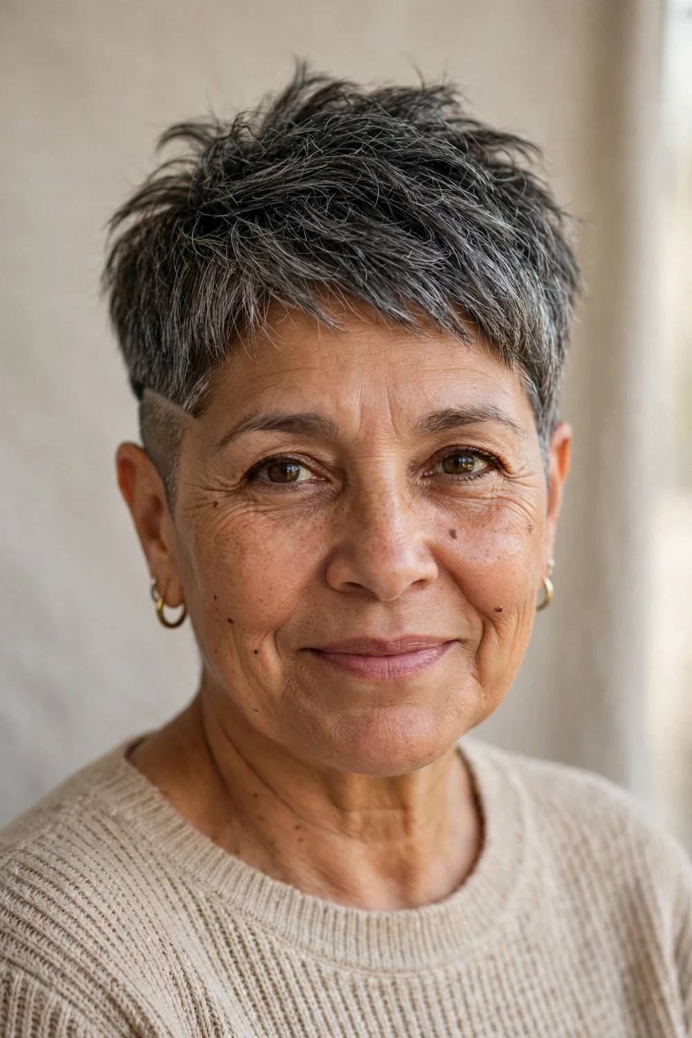Mature Latina woman in her 50s with a salt-and-pepper undercut pixie and textured top