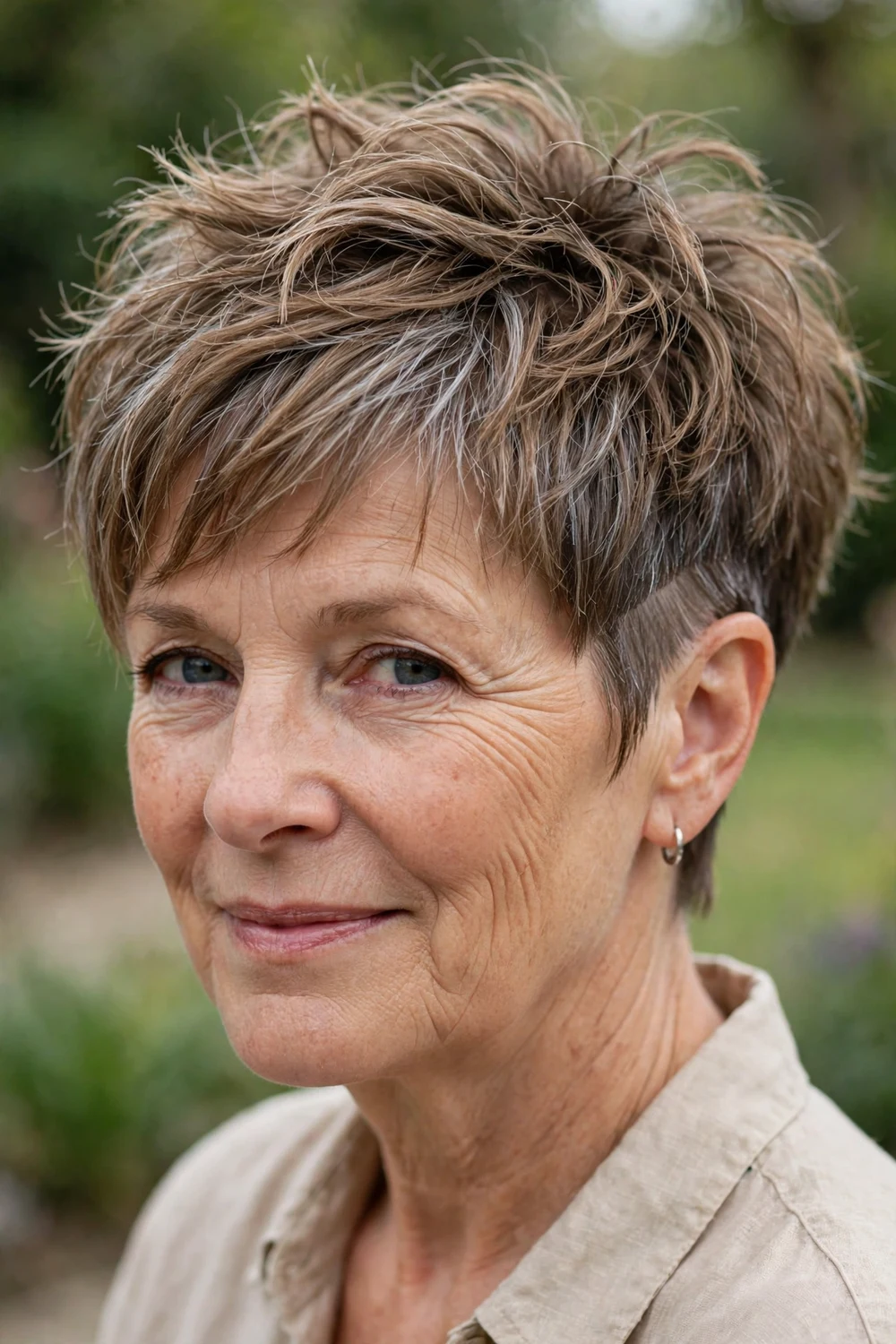 Older woman in her mid 50s with a shaggy textured undercut pixie and choppy layers