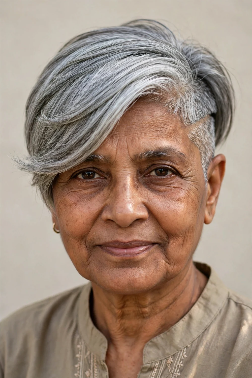 Older South Asian woman in her 60s with a deep side part and side-swept undercut pixie
