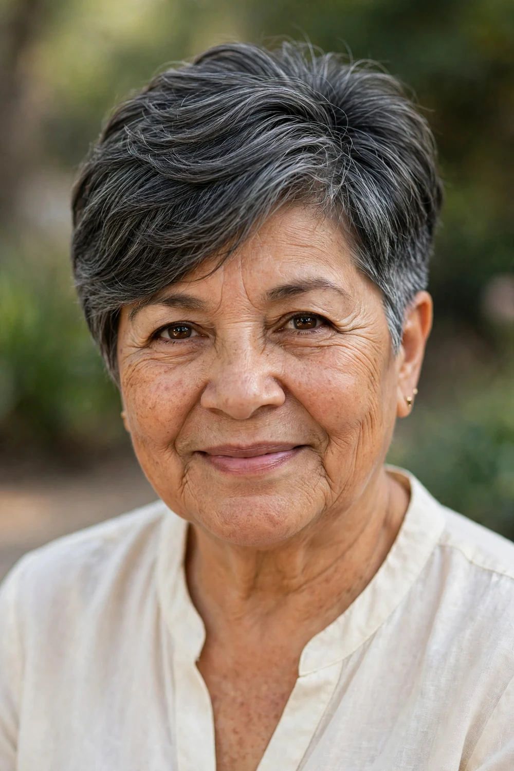 Older Latina woman in her 60s with a soft blended undercut pixie and feathered top