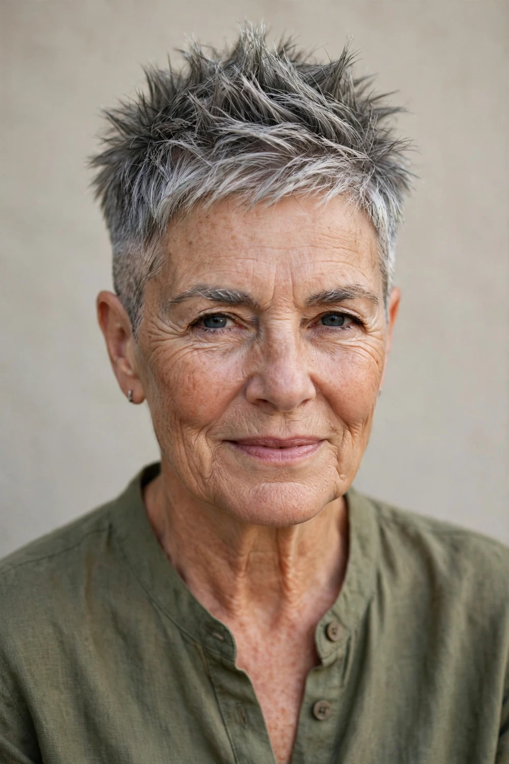 Older woman in her late 60s with a spiky textured undercut pixie in silver-gray