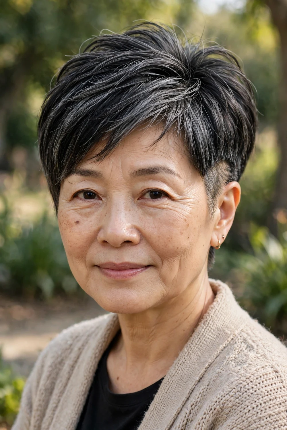 Mature East Asian woman in her 50s with a tapered undercut pixie and voluminous long top layers