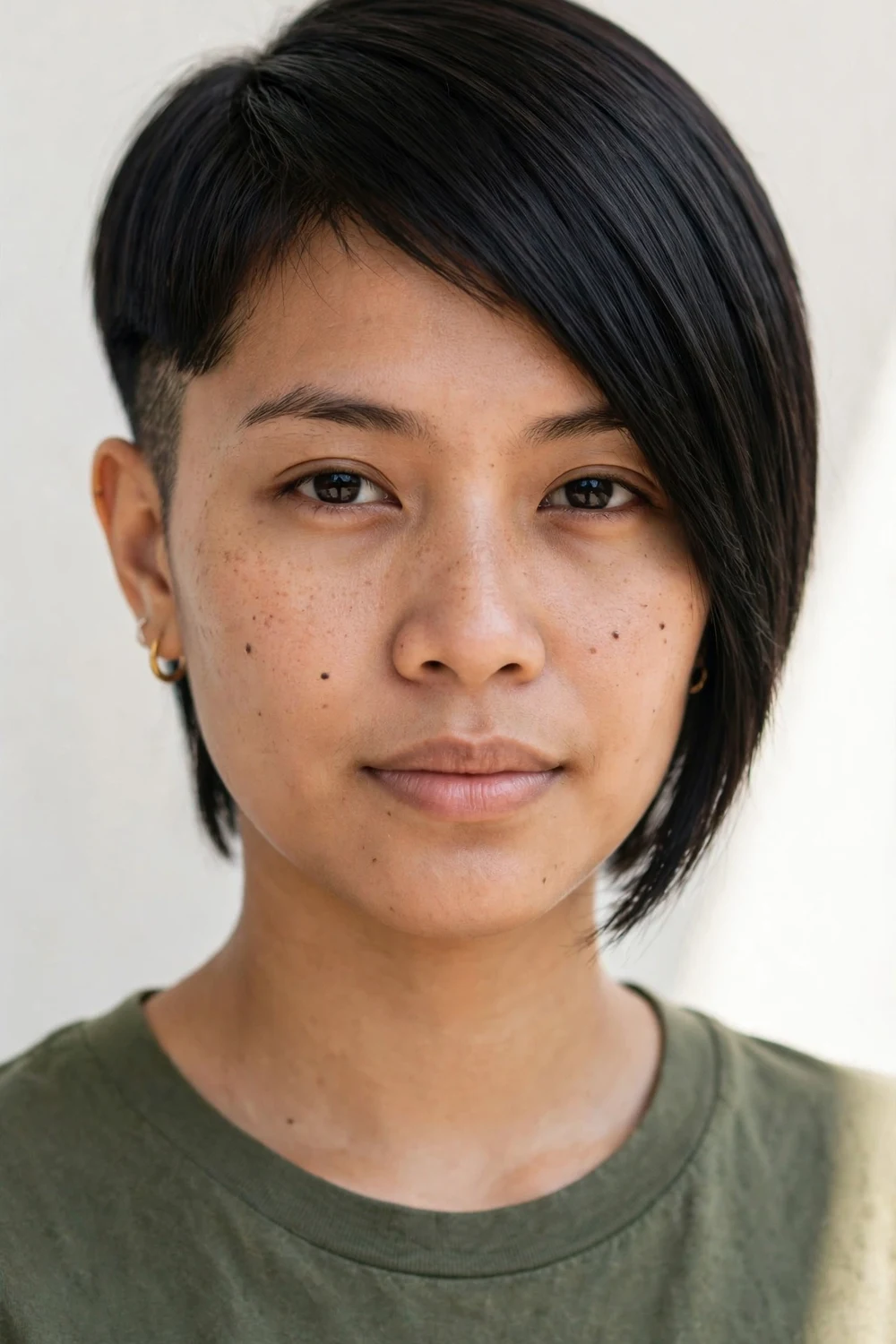 Woman with an undercut pixie on straight hair, disconnected shaved nape under a long straight top