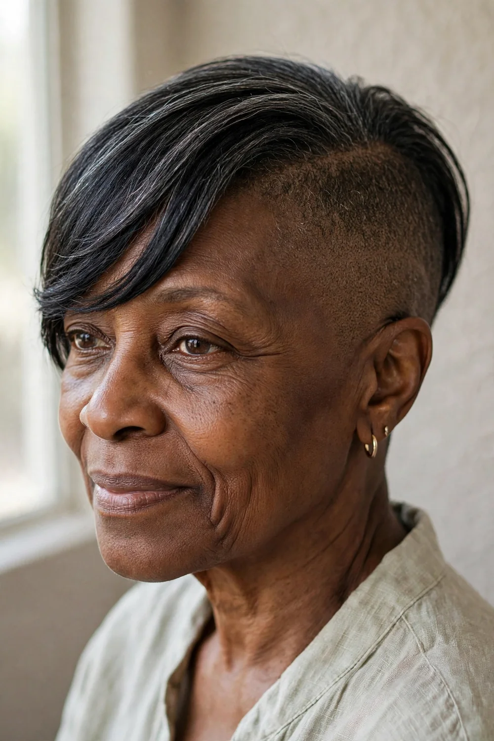 Older Black woman with an undercut and long bangs swept to the side
