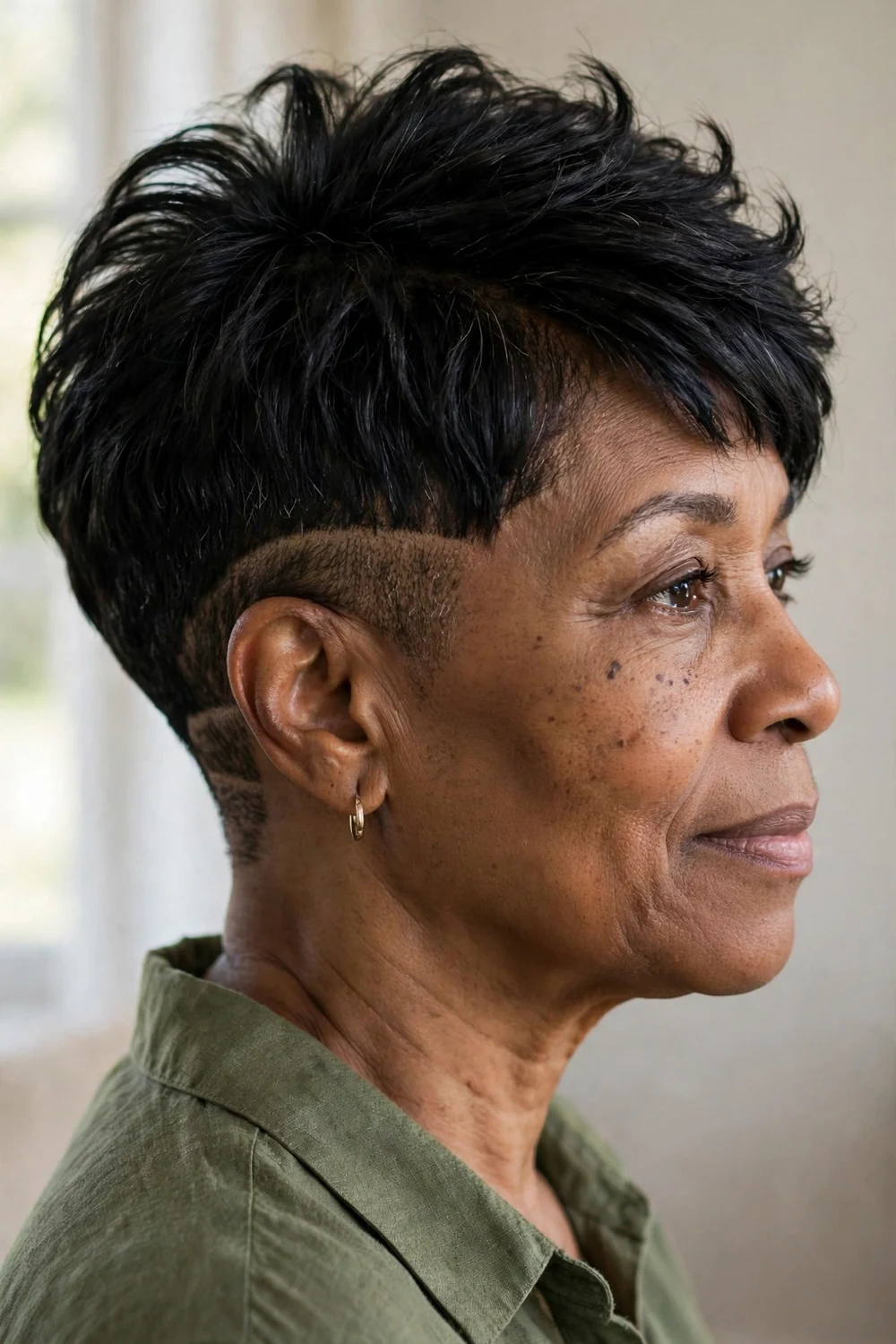 Side view of an undercut volume pixie on a woman over 50 with thin black hair