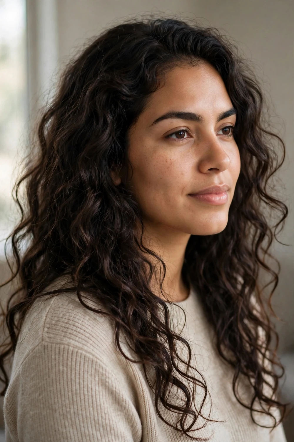 Woman with dark brown long hair in relaxed undone curls