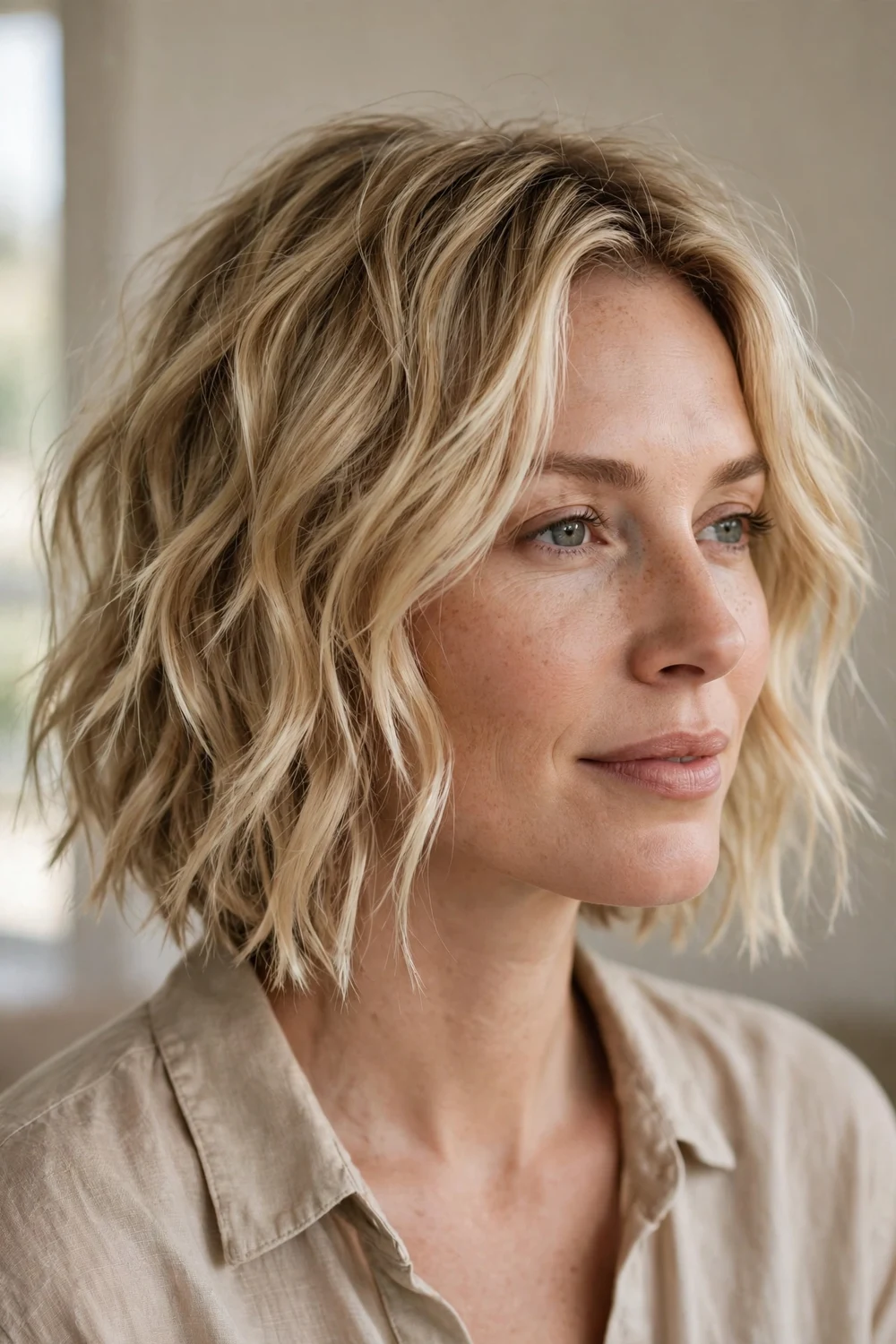 Uneven piece-y wavy bob with choppy texture on blonde chin-length hair, front three-quarter view