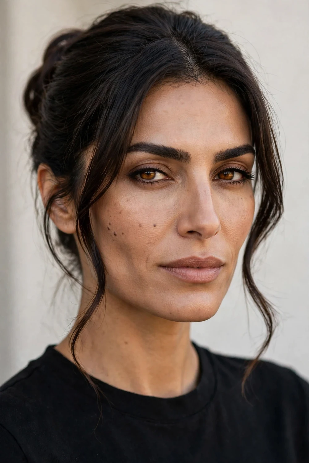Elegant updo with long face-framing fringe along the jawline