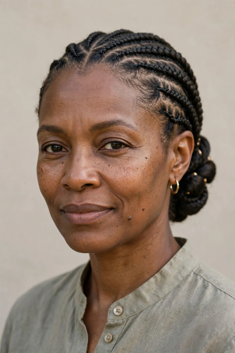 Black woman with neat bantu knots arranged as a full updo