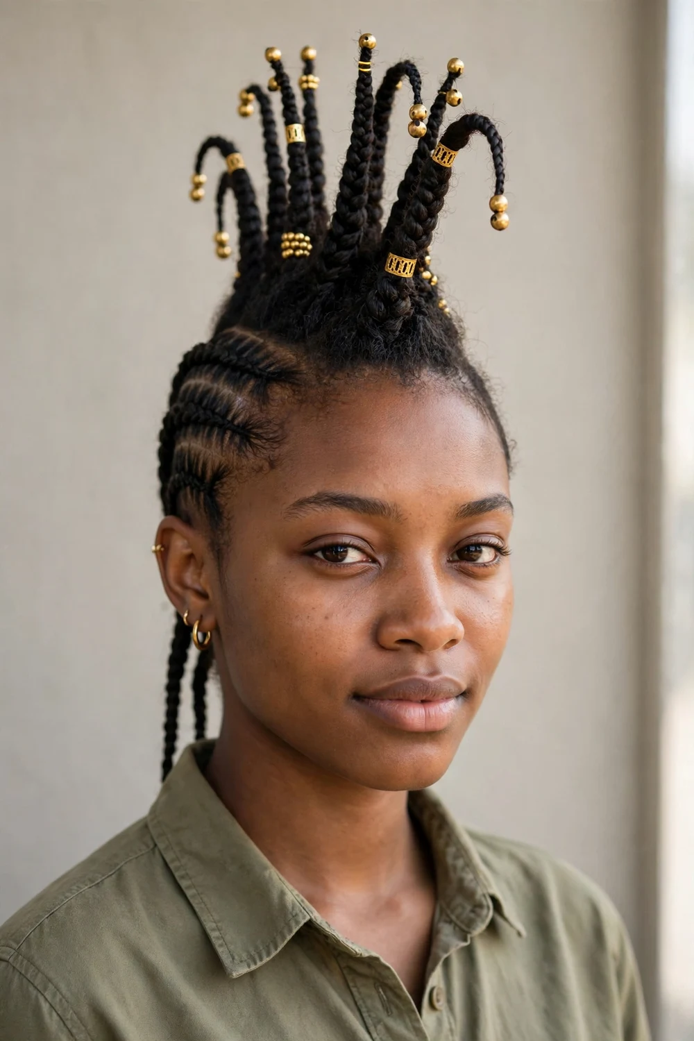 Black woman with a braided mohawk decorated with beads