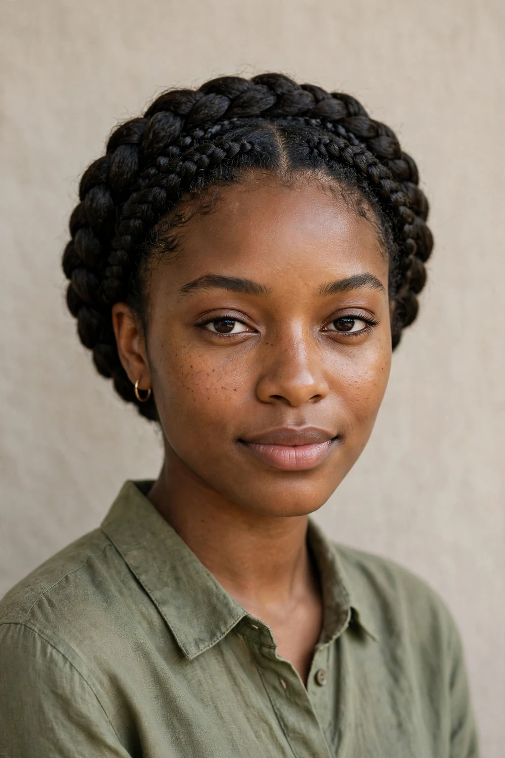 Black woman with a braided crown halo circling her head