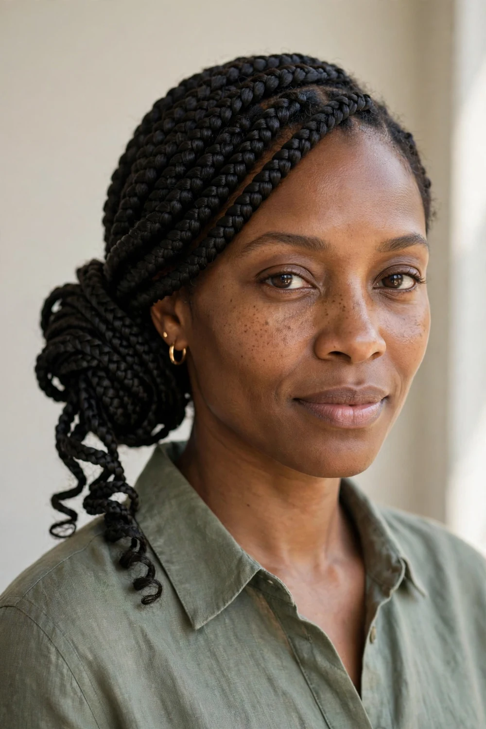 Black woman with a high bubble braid updo