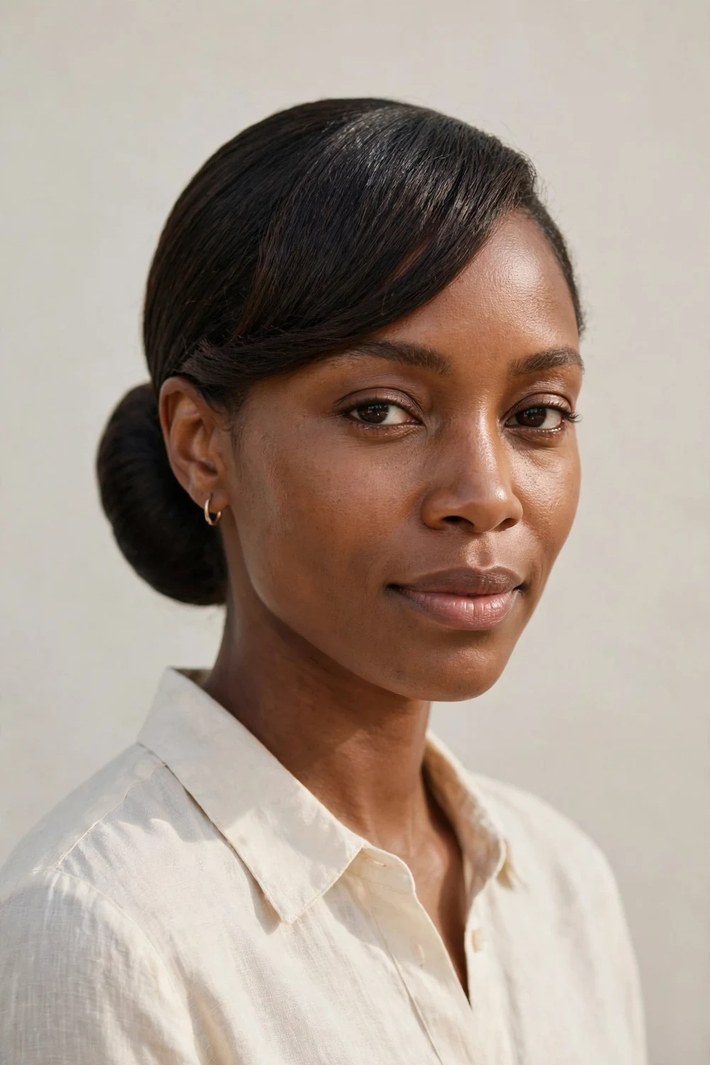 Black woman with cornrows feeding into a high topknot