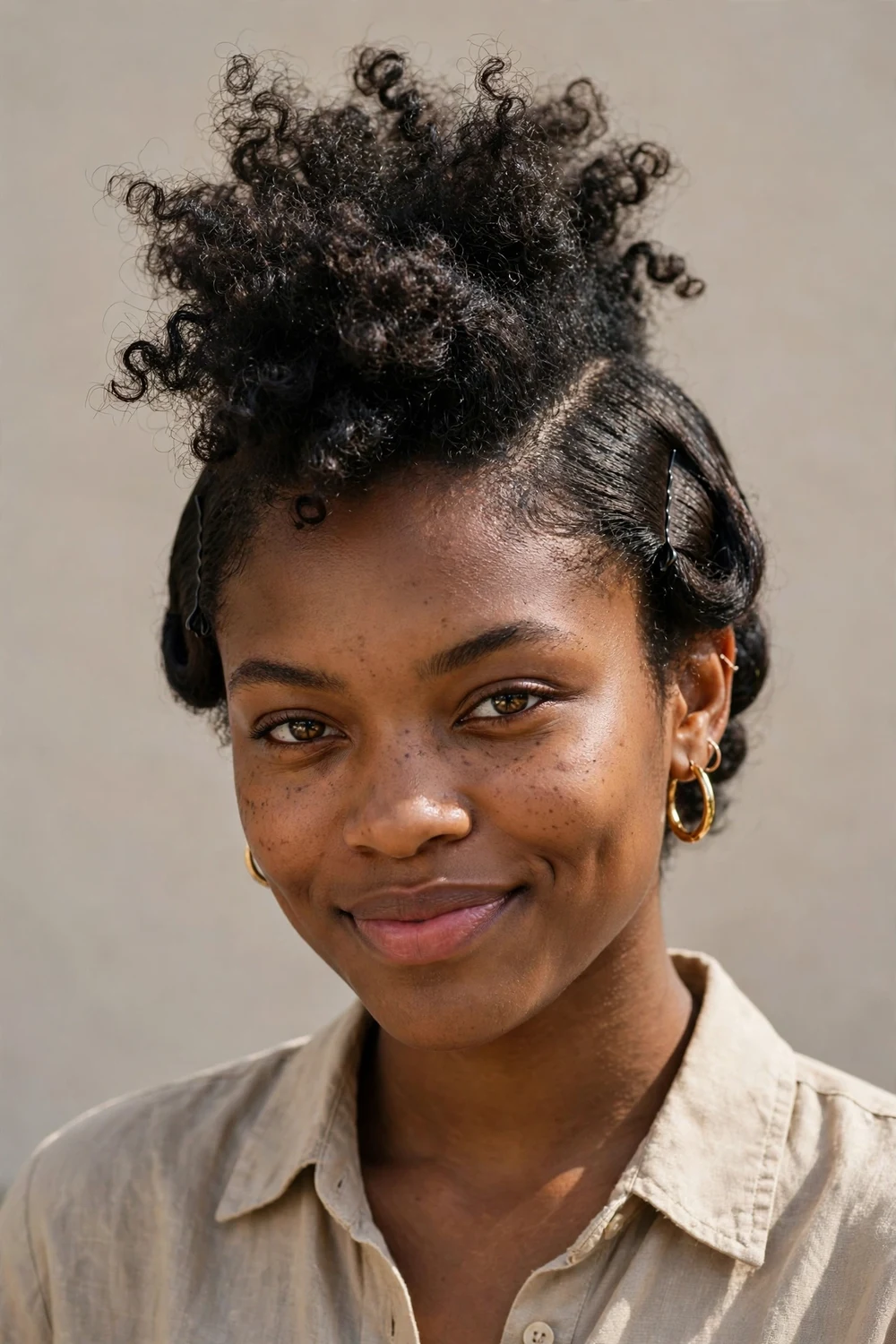 Black woman with a curly faux hawk updo, sides pinned smooth