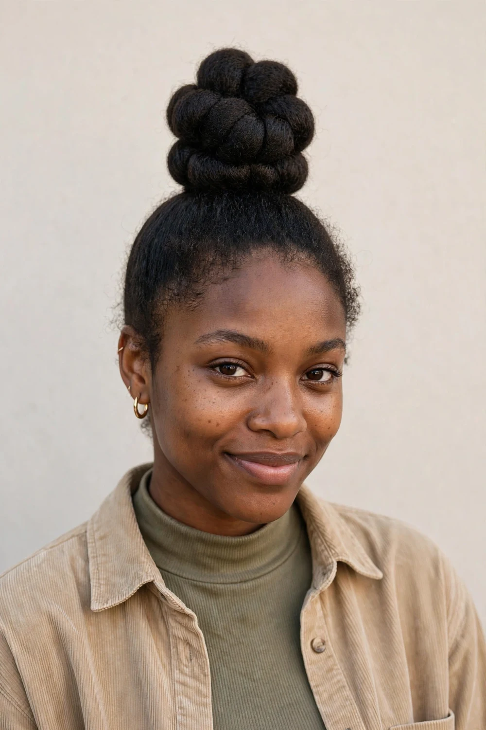 Black woman with faux locs gathered into a high wrapped updo