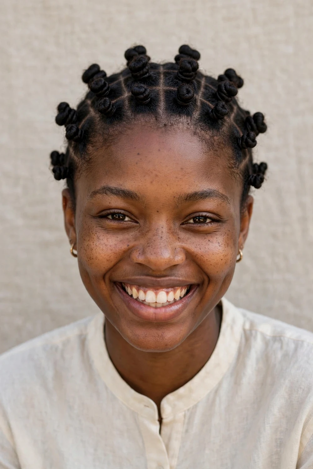 Black woman with flat twists swept back into a pinned updo