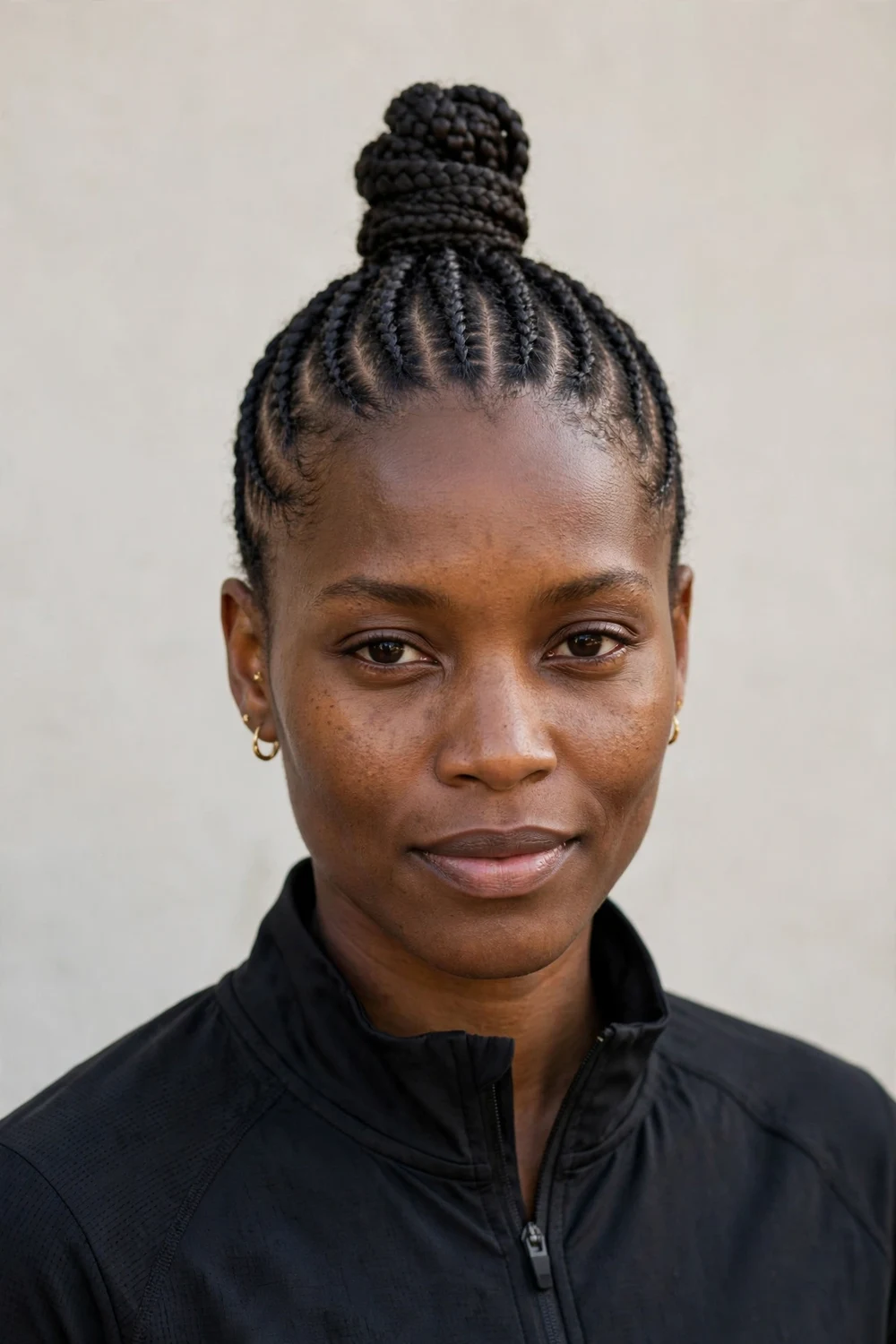 Black woman with a smooth asymmetrical French roll updo